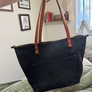 Portland Leather large Black Tote with Brown Straps